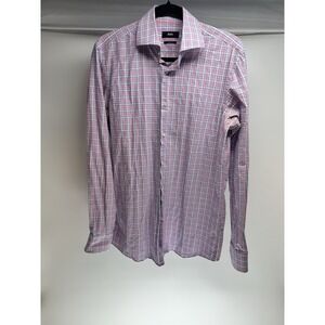 BOSS‎ Hugo Boss Men's Pink & Blue Plaid Cotton Sharp Fit Shirt Size 15 32/33
